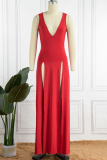 Red Sexy Solid Patchwork Slit V Neck Long Dress Dresses