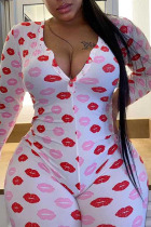 Red Casual Print Patchwork Buttons V Neck Plus Size Jumpsuits