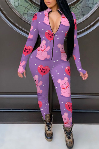 Purple Casual Print Patchwork Zipper Skinny Jumpsuits
