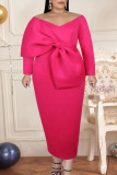 Plus Size Rose Red Elegant Solid Patchwork With Bow V Neck Straight Dresses