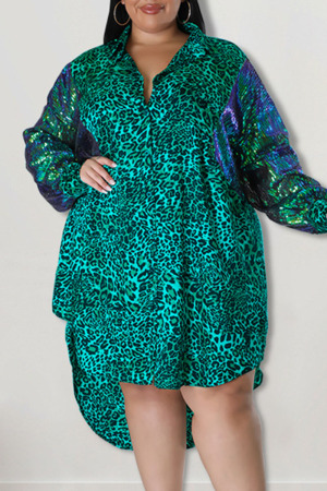 Green Casual Print Leopard Patchwork Buckle Asymmetrical Turndown Collar Shirt Dress Plus Size Dresses
