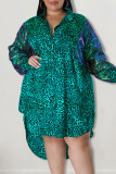Purple Casual Print Leopard Patchwork Buckle Asymmetrical Turndown Collar Shirt Dress Plus Size Dresses
