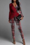 Red Fashion Casual Patchwork Sequins V Neck Long Sleeve Two Pieces