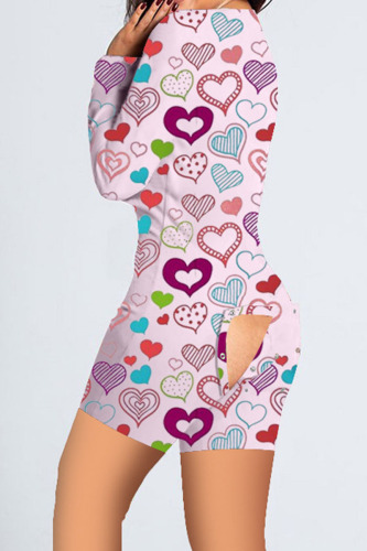 Pink Casual Print Patchwork Buttons V Neck Skinny Rompers