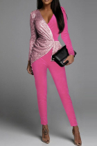 Pink Fashion Casual Patchwork Sequins V Neck Long Sleeve Two Pieces