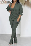 Army Green Casual Solid Patchwork Turndown Collar Long Sleeve Three Pieces