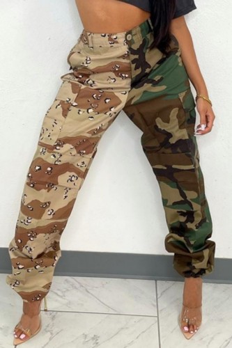 Coffee Casual Camouflage Print Patchwork Regular High Waist Trousers