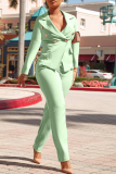 Green Fashion Solid Buckle Turndown Collar Long Sleeve Two Pieces