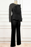 Plus Size Black Elegant Solid Patchwork Beading O Neck Jumpsuits