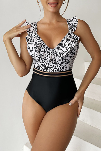 White Sexy Print Leopard Patchwork Flounce Swimwears