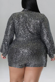 Grey Street Solid Sequins Patchwork Turn-back Collar Plus Size Jumpsuits