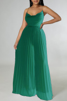 Green Elegant Solid Patchwork Backless Fold Straight Jumpsuits