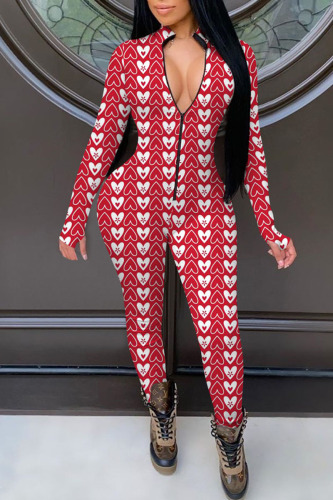 Red Casual Print Patchwork Zipper Skinny Jumpsuits