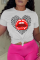 White Casual Lips Printed Patchwork O Neck T-Shirts