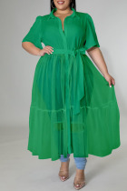 Green Casual Solid Patchwork Buckle Turndown Collar Plus Size Dresses