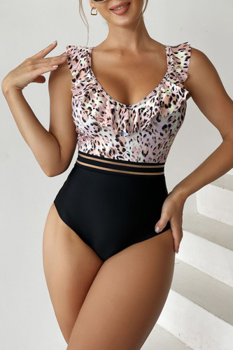 Pink Sexy Print Leopard Patchwork Flounce Swimwears
