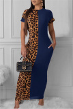 Leopard Print Fashion Casual Print Leopard Patchwork O Neck Short Sleeve Dress