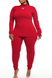 Plus Size Red Casual Solid Patchwork Turtleneck Two Pieces