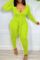 Fruit Green Fashion Casual Solid Basic V Neck Skinny Jumpsuits