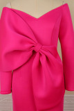 Plus Size Rose Red Elegant Solid Patchwork With Bow V Neck Straight Dresses