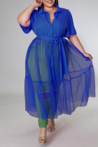 Blue Casual Solid Patchwork Buckle Turndown Collar Plus Size Dresses
