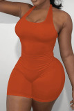 Tangerine Red Casual Sportswear Solid Patchwork Halter Plus Size Jumpsuits