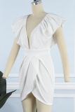 White Sexy Solid Patchwork Backless V Neck Irregular Dress Dresses