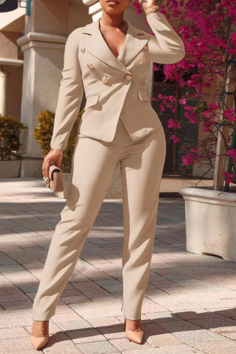 Apricot Fashion Solid Buckle Turndown Collar Long Sleeve Two Pieces
