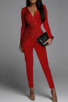 Red Fashion Casual Patchwork Sequins V Neck Long Sleeve Two Pieces