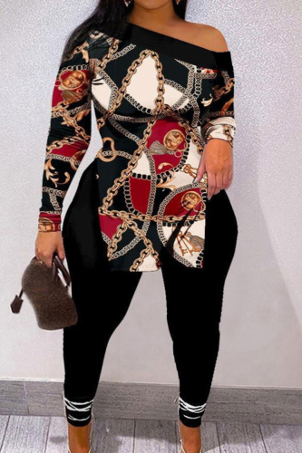 Plus Size Black Red Casual Street Print Patchwork Slit Oblique Collar Two Pieces