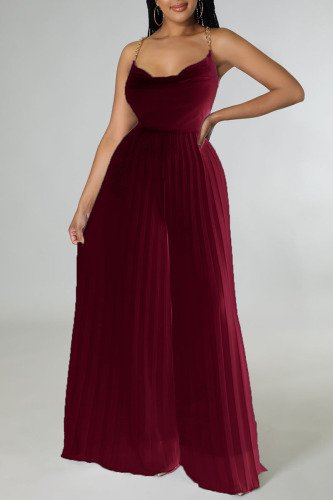 Burgundy Elegant Solid Patchwork Backless Fold Straight Jumpsuits
