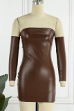 Brown Sexy Solid Patchwork Strapless Pencil Skirt Dresses