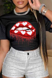 White Street Lips Printed Patchwork O Neck T-Shirts