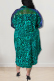 Blue Casual Print Leopard Patchwork Buckle Asymmetrical Turndown Collar Shirt Dress Plus Size Dresses