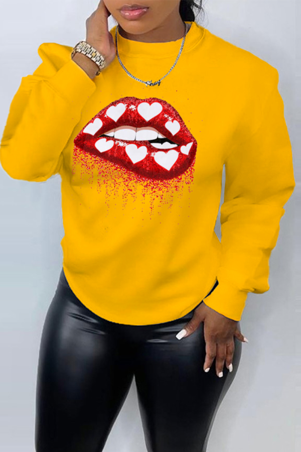 Yellow Street Lips Printed Patchwork O Neck Tops