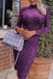 Purple Celebrities Print Leopard Half A Turtleneck One Step Skirt Dresses