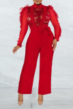 Red Sexy Solid Lace O Neck Regular Jumpsuits