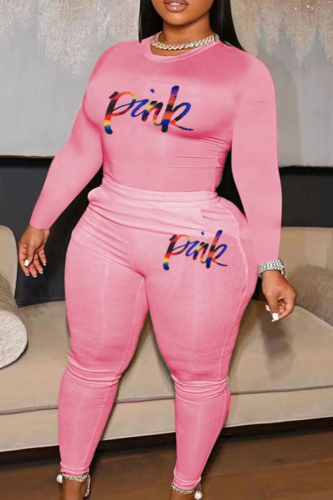 Pink Casual Print Patchwork O Neck Plus Size Two Pieces