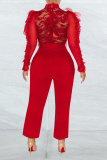 Red Sexy Solid Lace O Neck Regular Jumpsuits