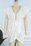 White Sexy Solid Patchwork Backless V Neck Irregular Dress Dresses