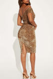 Black Sexy Solid Sequins Patchwork Asymmetrical Off the Shoulder Pencil Skirt Dresses