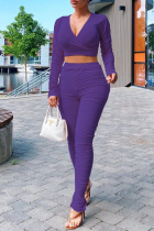 Purple Fashion Casual Solid Fold V Neck Long Sleeve Two Pieces