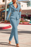 Sky Blue Fashion Solid Buckle Turndown Collar Long Sleeve Two Pieces