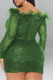 Green Sexy Solid Sequins Patchwork Feathers Off the Shoulder Pencil Skirt Dresses