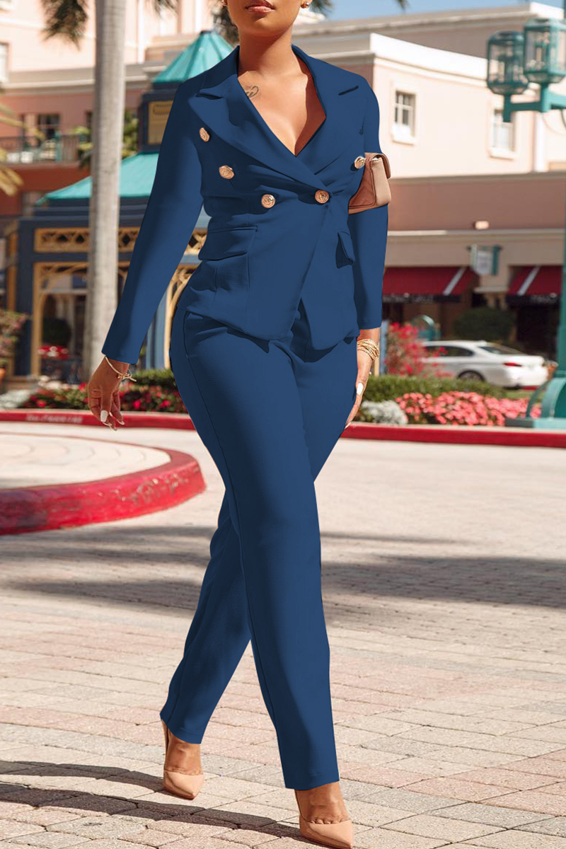 Casual Simplicity Solid Buckle Turndown Collar Long Sleeve Two Pieces