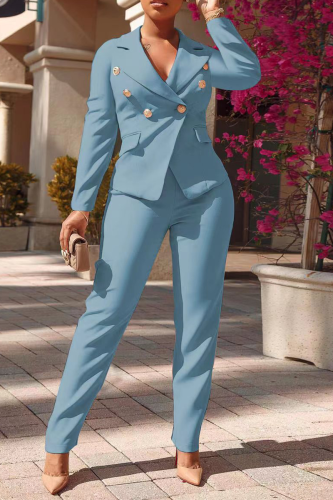 Sky Blue Fashion Solid Buckle Turndown Collar Long Sleeve Two Pieces