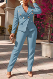 Blue Fashion Solid Buckle Turndown Collar Long Sleeve Two Pieces