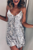 Silver Sexy Solid Sequins Spaghetti Strap Pencil Skirt Dresses