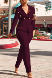 Deep Red Fashion Solid Buckle Turndown Collar Long Sleeve Two Pieces