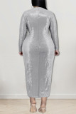 Silver Sexy Solid Sequins Patchwork Slit V Neck Plus Size Dresses